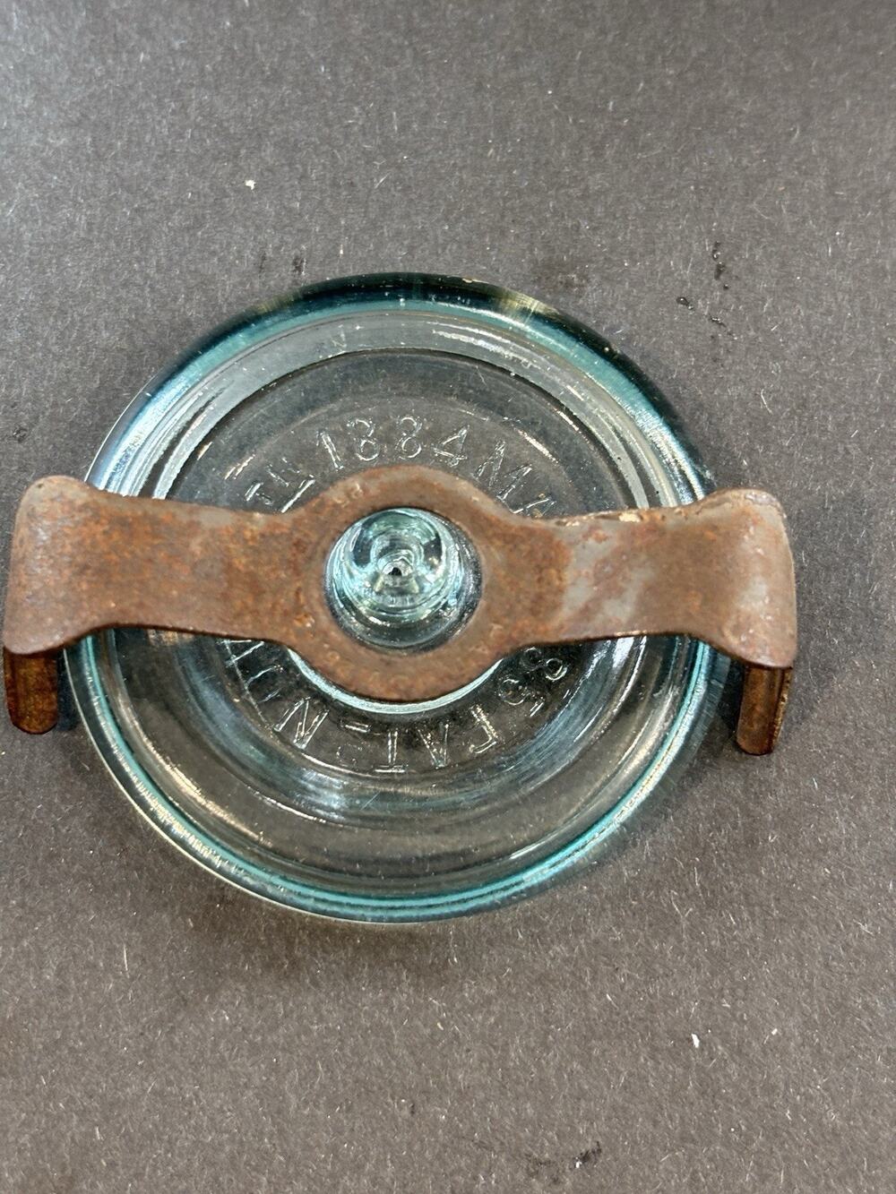 Antique Woodbury Fruit Jar Aqua Glass Lid Clamp 1884 1885 Patent Canning